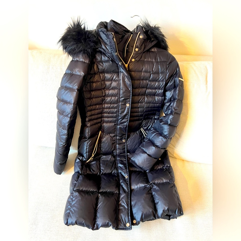 Karl Lagerfeld Puffer Jacket Double Zip Detachable Faux Fur Hood Detail
